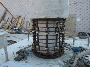 Headed bar couplers in plastic hinge of a precast column before concrete placement